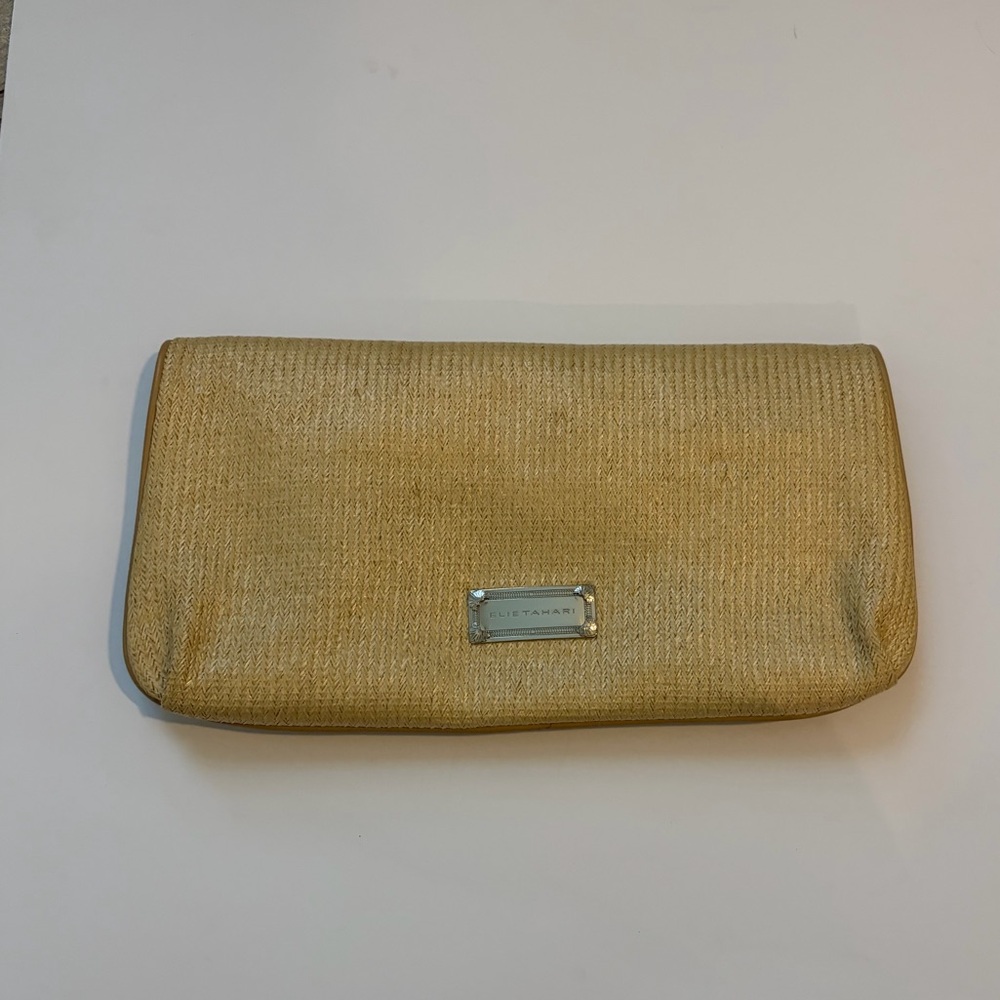 Elie Tahari woven tan clutch